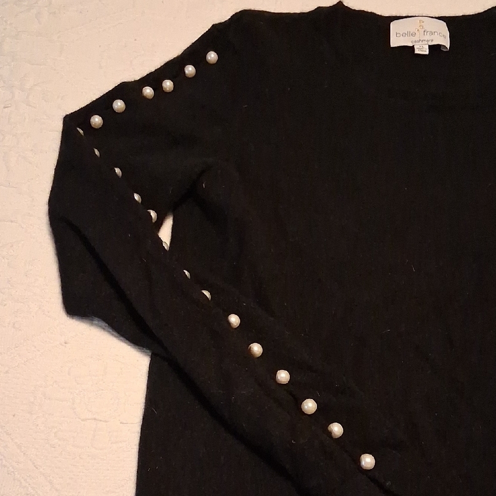 Luxe Belle France Black Cashmere Crew Neck Sweater With Pearl Sleeve Accents - Picture 4 of 11